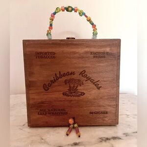 Wooden Cigar Box Purse with Glass Beaded Handle